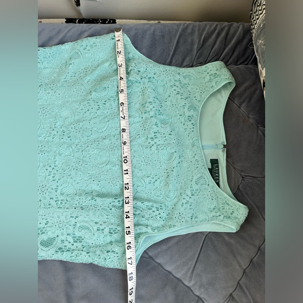 Lauren Ralph Lauren dress sea foam green teal lace overlay lined knee length 12 - Picture 9 of 11